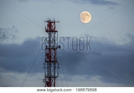 Radio tower and a moon on the island of Helgoland
