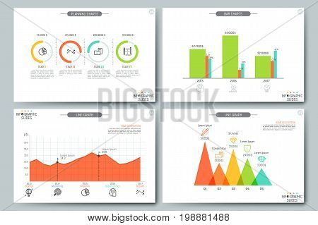 Financial data visualization concept. Pages with diagram, line graph and planning chart elements. Simple infographic brochure layout. Vector illustration for presentation, statistics report, website.