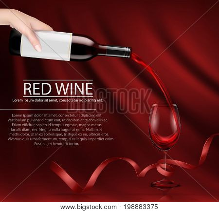 Vector illustration, bright realistic poster with a hand holding a glass wine bottle and pouring red wine into a glass. Template, moc up, layout for advertising, design, branding