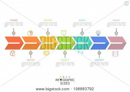 Arrow-like stripe divided into 7 rainbow colored parts with pictograms and text boxes. Progressive steps in business development concept. Minimal infographic design template. Vector illustration.