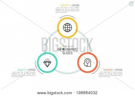 Circular workflow chart with 3 connected circles, thin line icons inside them and text boxes. Simple infographic design layout. Business process cycle concept. Vector illustration for report, website.