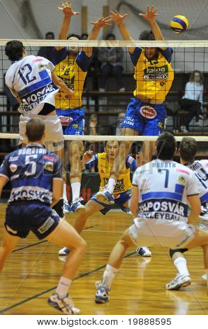 KAPOSVAR, Ungarn - 1 oktober: Balazs Bagics (12) slår bolden ved en Middle Europa League volle