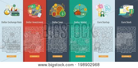 Currencies Vertical Banner Concept | Set of great vertical banner flat design illustration concepts for currency, business, finance and much more.