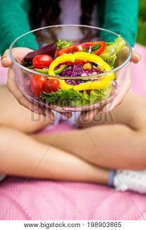 Close-up Of Pretty Girl Hands Holding Fresh Mixed Colorful Fresh Vegetable Salad In Glass Bowl. Vege