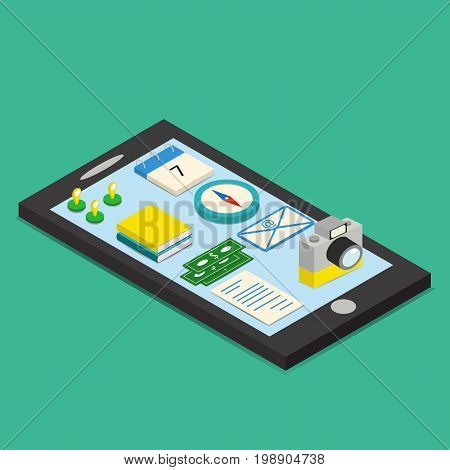 Isometric set of mobile functions icons stand on the phone