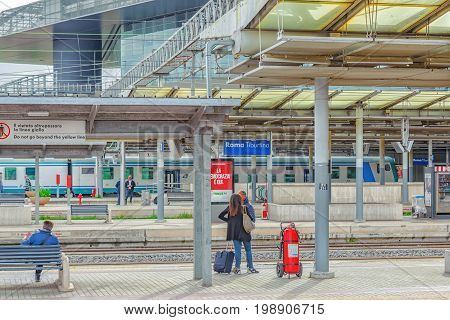 Rome , Italy - May 11, 2017 : Passenger Train, People On Rome Railways Stantion - Roma Tiburtina. It