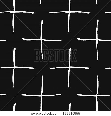 Trendy seamless pattern with handdrawn shapes. Messy endless ornament with white hand painted pluses on black background. Stylish vector design for fabric, wallpaper, wrapping