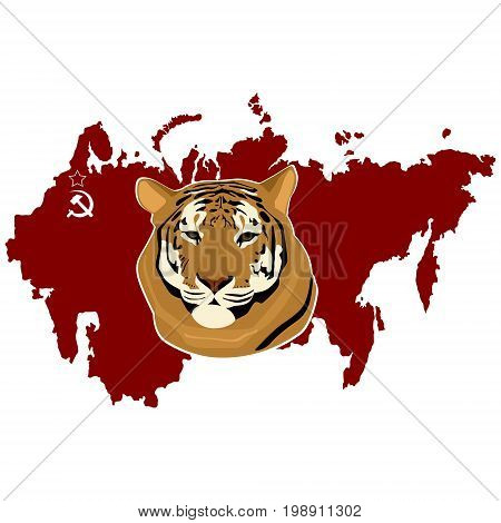 Ussuri tiger on a background map of the USSR. The illustration on a white background.
