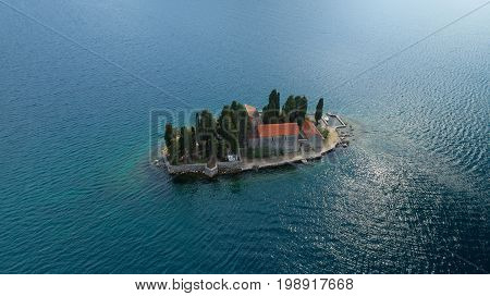 Aerial view of the island of St. George with monastery, Kotor Bay, Montenegro.
