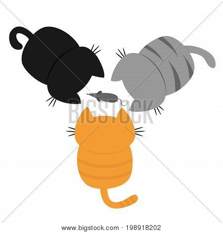 Three kittens looking at mouse. Back and tail. Top aerial view. Cat set. Funny kawaii baby kitty animal family. Cute cartoon pet character collection. Flat design Blue background Isolated. Vector