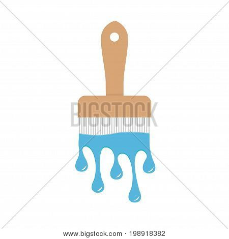 Paintbrush icon with blue color drops. Flowing down dripping paint. Flat design Decoration element. White background. Isolated Vector illustration