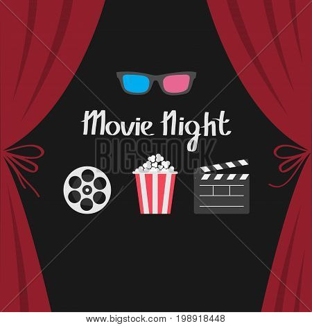 3D glasses Popcorn Movie reel Open clapper board Luxury red silk stage theatre curtain. Velvet scarlet curtains with bow. Flat design. Cinema premiere. Black background. Vector illustration