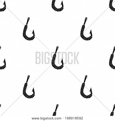 Worm on a hook icon in black design isolated on white background. Fishing symbol stock vector illustration.