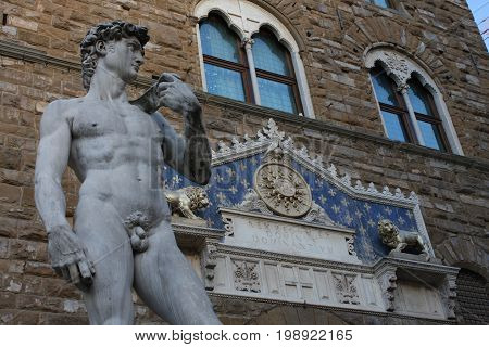 The statue of David by Michelangelo on the Piazza della Signoria in Florence, Italy
