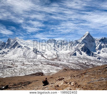 Panorama of Himalayan mountain landscape in Sagarmatha National Park - view on Ama Dablam mount from Chhukhung Ri in Everest Region, Nepal, Himalayas