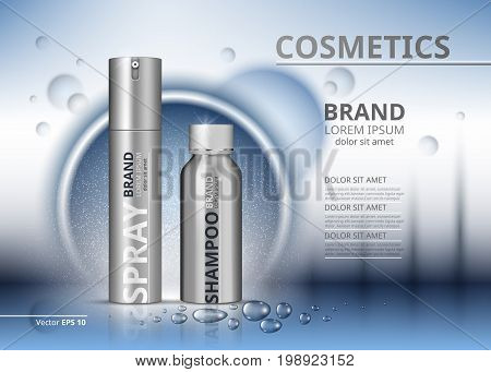 Cosmetic package ads template. Shampoo and spray in silver bottles. Mockup 3D Realistic illustration. Sparkling water drops backgrounds