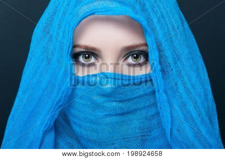 Picture Of Young Female Model In Blue Scarf