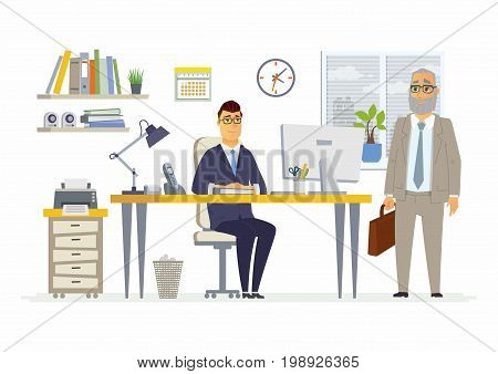 Office Scene - vector illustration of a business situation. Cartoon people characters of young, senior male colleagues, partners discussing work. Manager, supervisor, consultant, client talking