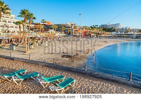 COSTA ADEJE TENERIFE SPAIN - JANUARY 31 2012: View of La Pinta Beach at the evening time. Canary Islands
