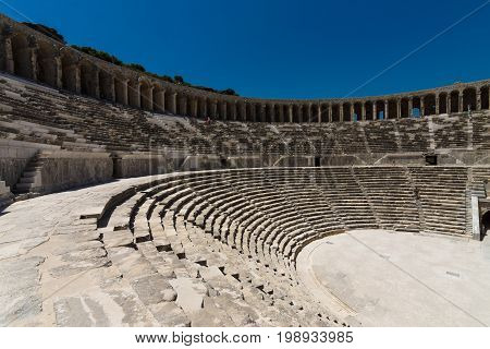 The Roman ancient theater in Aspendos. The province of Antalya. Mediterranean coast of Turkey.