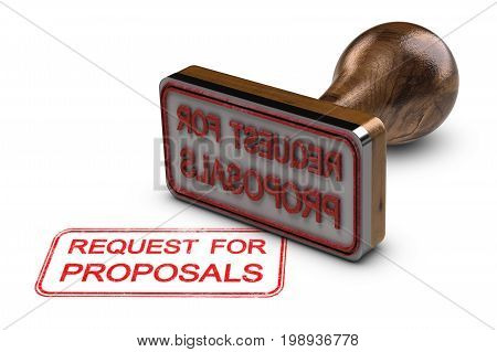 Request for proposals printed on a white background with rubber stamp RFP concept. 3D illustration