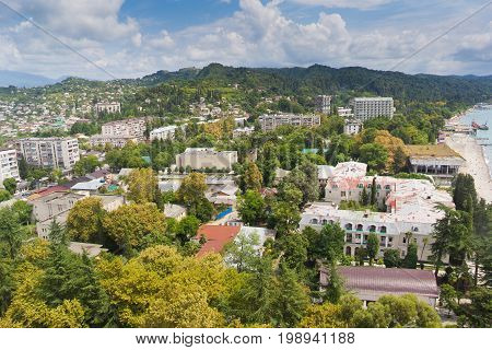 Day aerial cityscape of Sukhum downtown, Abkhazia in summer from the roof