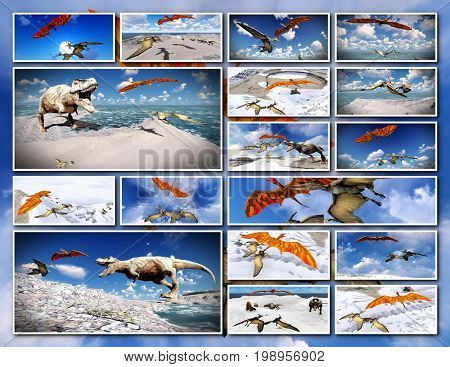 Velociraptor and pterodactyl 3d rendering