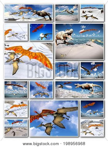 Velociraptor and pterodactyl 3d rendering