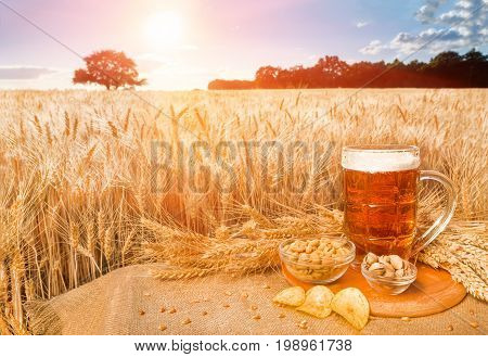 Beer and snacks on the background wheat field. A big glass of beer on the table against wheat field during red summer sunset. Light beer in glass and snacks with a summer landscape on the background.