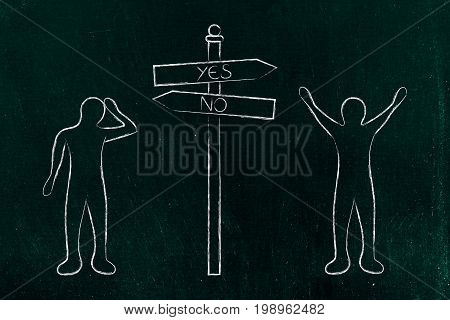 Road Sign With Yes And No As Alternative Directions Next To Confident And Doubtful Man