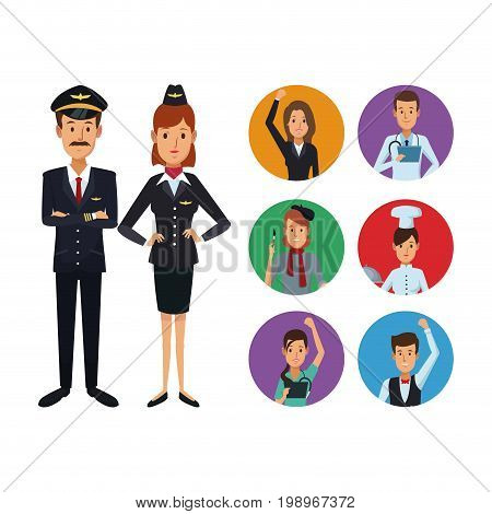 white background with full body couple pilot and stewardess with set circular frame icons group people of different professions vector illustration