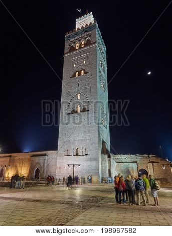 The Koutoubia Mosque Or Kutubiyya Mosque At Night, It Is The Largest Mosque In Marrakesh