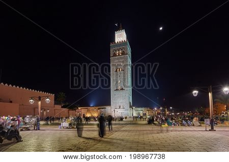 The Koutoubia Mosque Or Kutubiyya Mosque At Night, It Is The Largest Mosque In Marrakesh