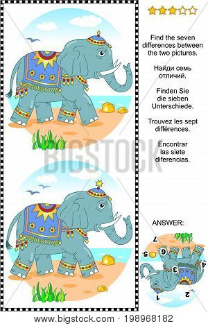 Picture puzzle: Find the seven differences between the two pictures of beautifully decorated elephant walking along the sea shore. Answer included.