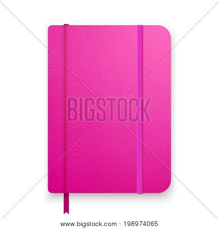 Realistic pink notebook with green elastic band. Top view diary template. Girlish vector notepad mockup. Closed diary on white background