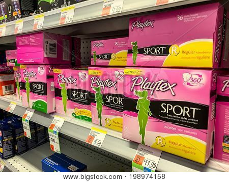 New York August 7 2017: Playtex Sport feminine tampons stand on a shelf in Duane Reade.