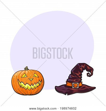 Hand drawn Halloween symbols - pumpking lantern, pointed hat, sketch vector illustration with space for text. Sketch style Halloween pumpkin jack o lantern, hat