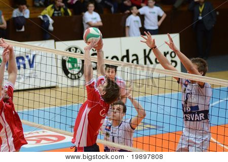 KAPOSVAR, Ungheria - 18 marzo: Roland Gergye (R) blocca la palla a un campionato nazionale ungherese