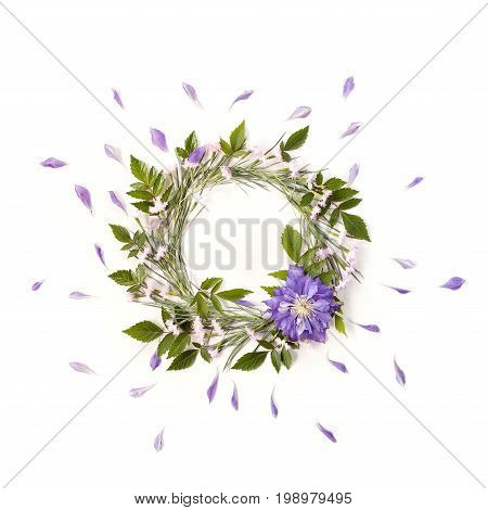 Frame Wreath With White And Pink Flowers, Branches, Leaves And Petals And Big Purple Flower Of Clema