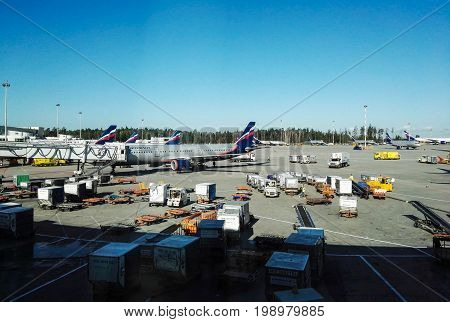 Sheremetyevo airport, Russia - August, 2017: Sheremetyevo airport, russian airlines Aeroflot worker car view