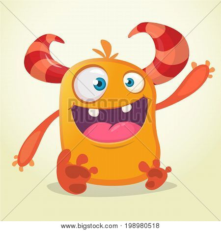 Happy cartoon monster. Halloween vector orange and horned monster.