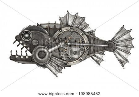 Steampunk style piranha. Mechanical animal photo compilation