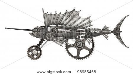 Steampunk style sailfish. Mechanical animal photo compilation