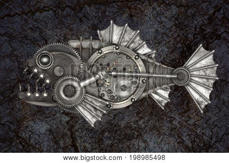 Steampunk style piranha. Mechanical animal photo compilation