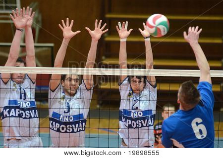 KAPOSVAR, Macaristan - 28 Mart: Balazs Bagics (r 2) bir Macar ulusal Cha top bloklar