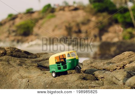 Travel by auto-rickshaw under palm tree forest in India. Public transport model in natural landscape of Asia.