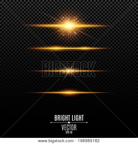 Set. Abstract glare and flashes isolated on a transparent background. Golden bright radiant star. Golden backlight and soft light. Orange soft neon lines and lights. Vector illustration