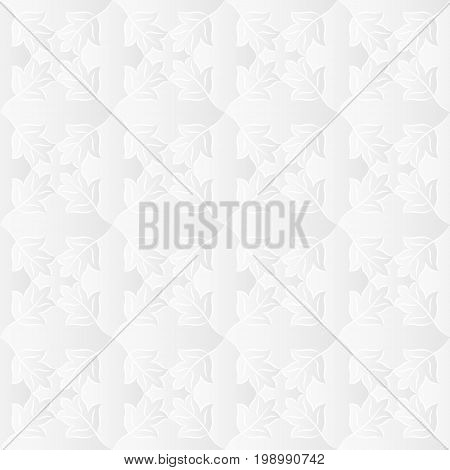Neutral white textured background with 3d effect. Vector seamless repeating pattern of stylized leaves.