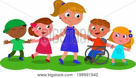 Cartoon teacher or baby-sitter with boys, girls and disabled kid, vector illustration isolated on white