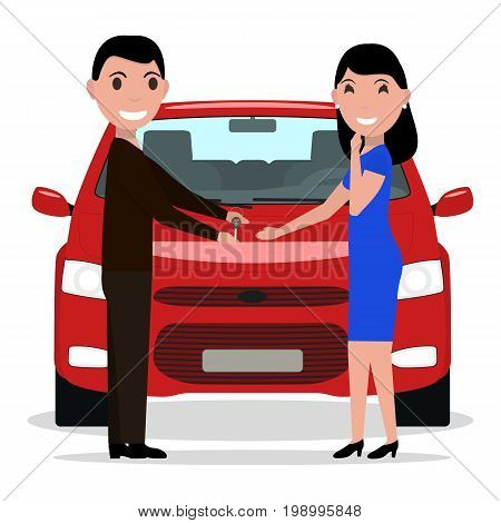 Vector illustration of a cartoon man giving car keys to a woman. Isolated white background. The guy gives the girl a auto. A woman is buying a car. Flat style.